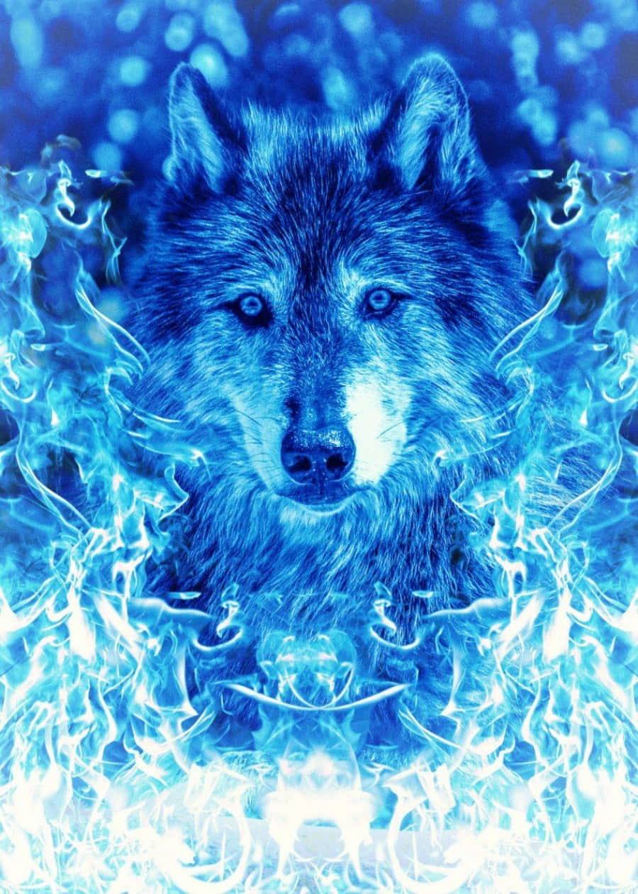一隻狼被發光的藍色火焰包圍，在神秘的奇幻場景中。