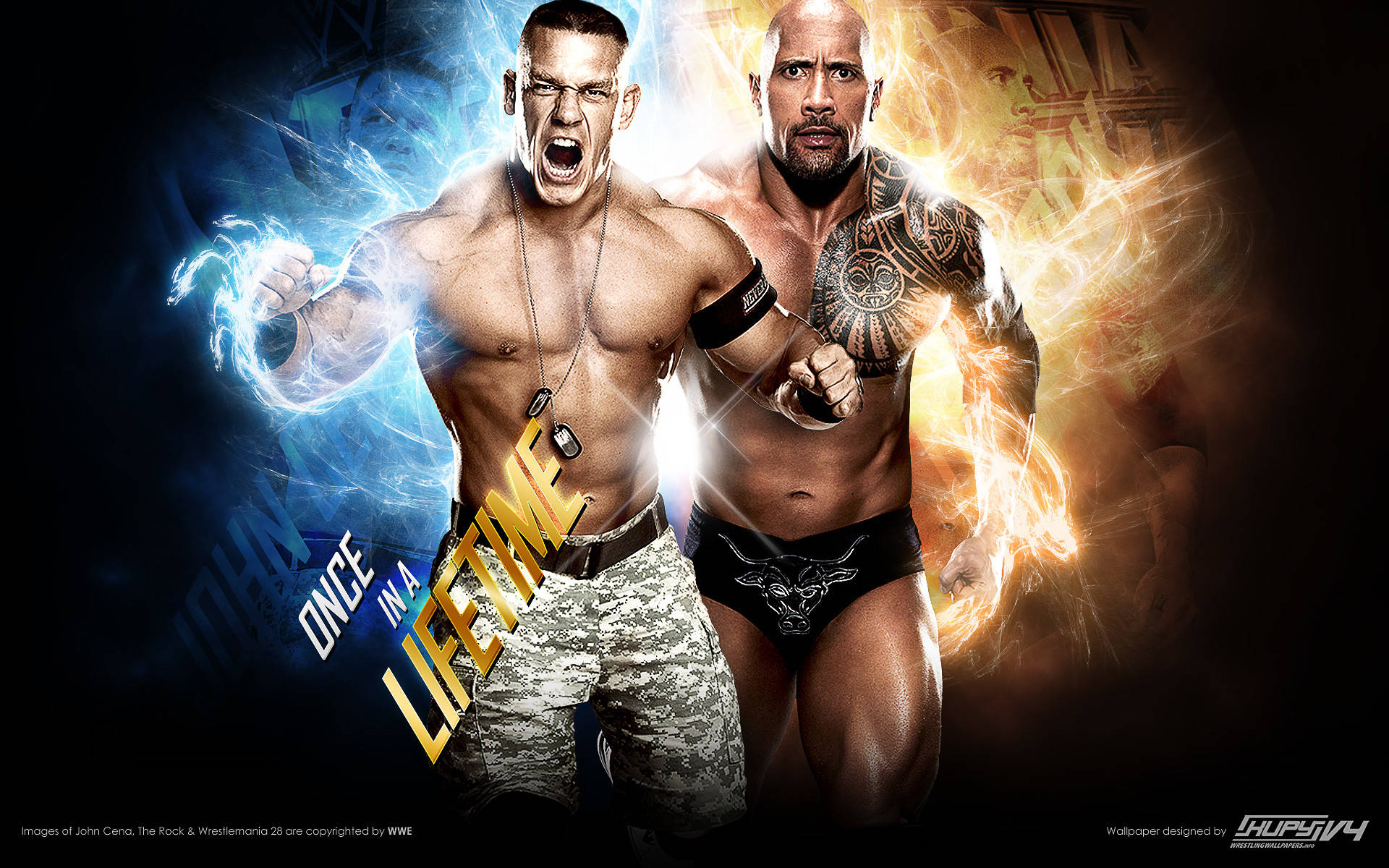 強森對戰約翰·塞納 WWE 壁紙 — 兩位肌肉發達的摔角手約翰·辛納和巨石強森在身後帶着電光藍和火焰橙的能量咆哮。