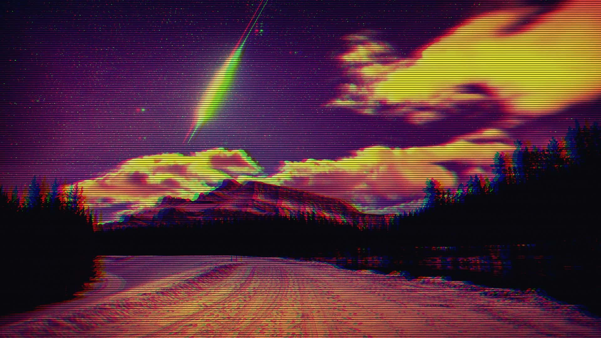 帶有故障效果的夜空，流星越過山脈和道路