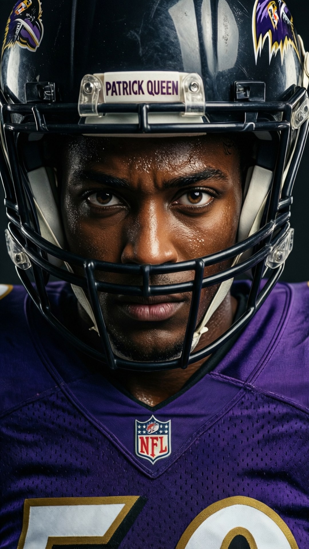 NFL美式足球員派翠克·奎因身穿烏鴉隊制服，透過頭盔凝視。
