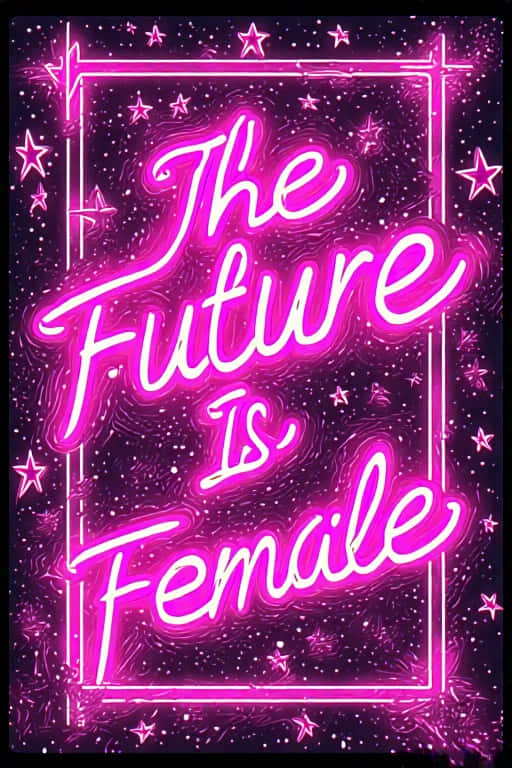 粉紅色霓虹燈文字「The Future Is Female」在宇宙環境中被星星環繞。