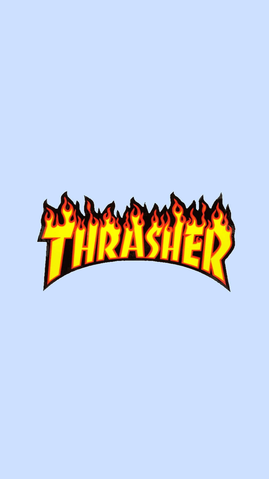 淺藍色背景上帶有火焰設計的Thrasher雜誌標誌