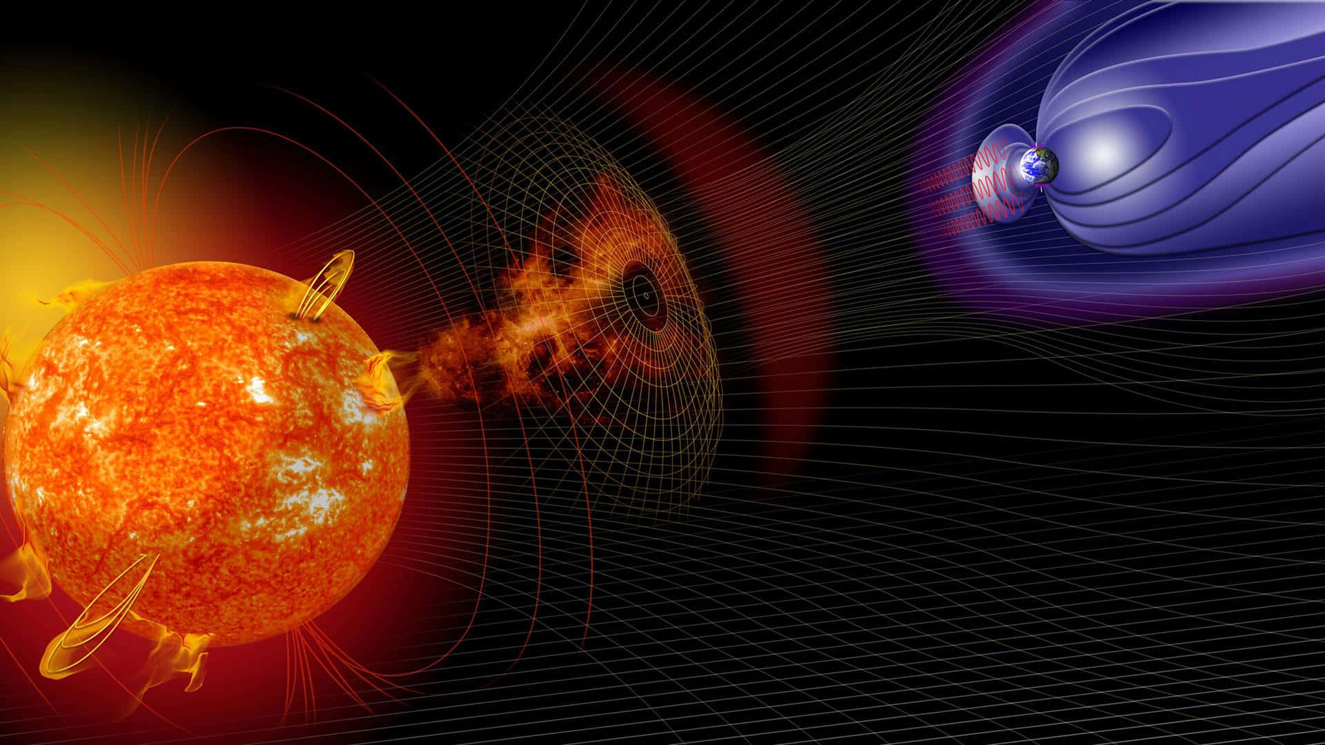 Magnetic Field 桌布 壁紙 — 強烈的太陽耀斑從太陽爆發，將帶電粒子穿過太空送往地球，並以磁場線描繪。