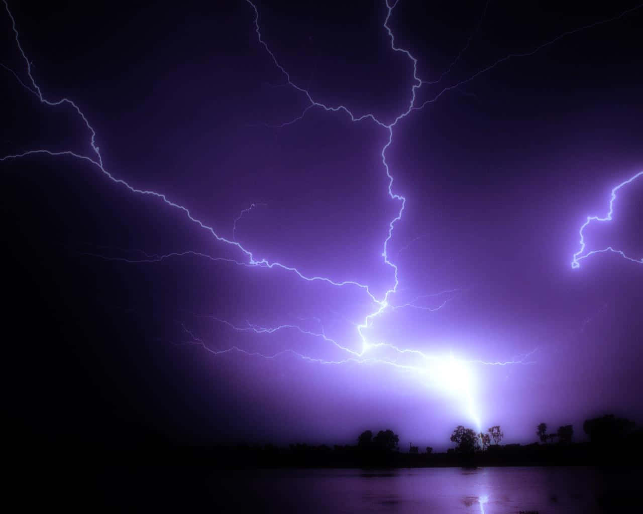 Purple Lightning 桌布 壁紙 — 強烈的紫色閃電在暴風雨的夜空中分叉，下方是黑暗的水面和樹木剪影。