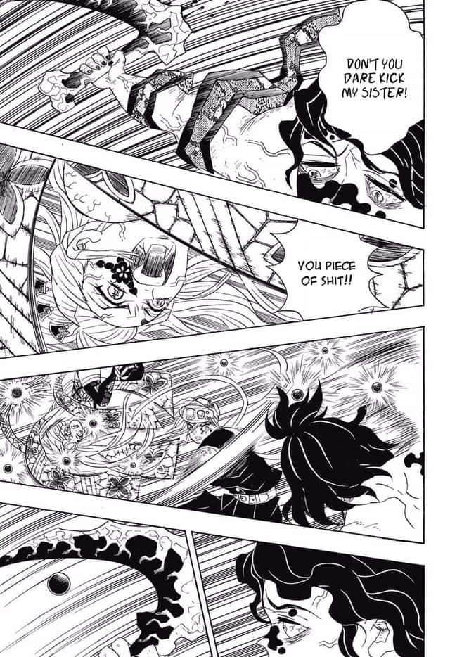 Demon Slayer Fight 桌布 壁紙 — 強烈的黑白漫畫面板，顯示一個角色對攻擊者尖叫，而另一個角色用劍戰鬥。