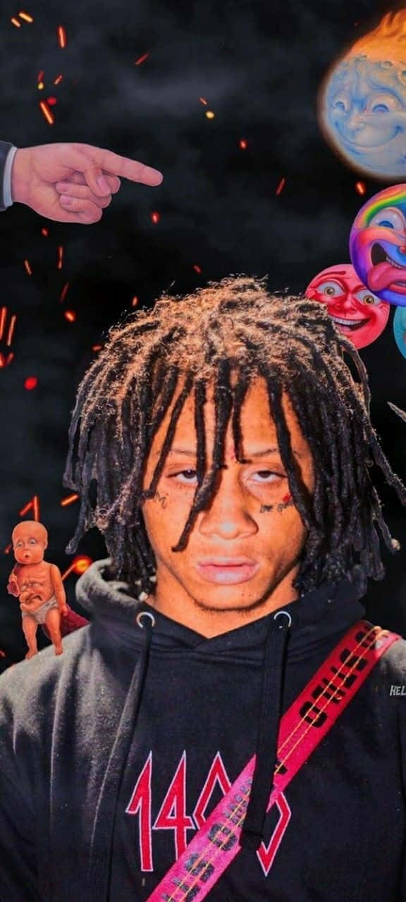 留著辮子頭的年輕男子被超現實卡通面孔和一隻指著的手包圍。