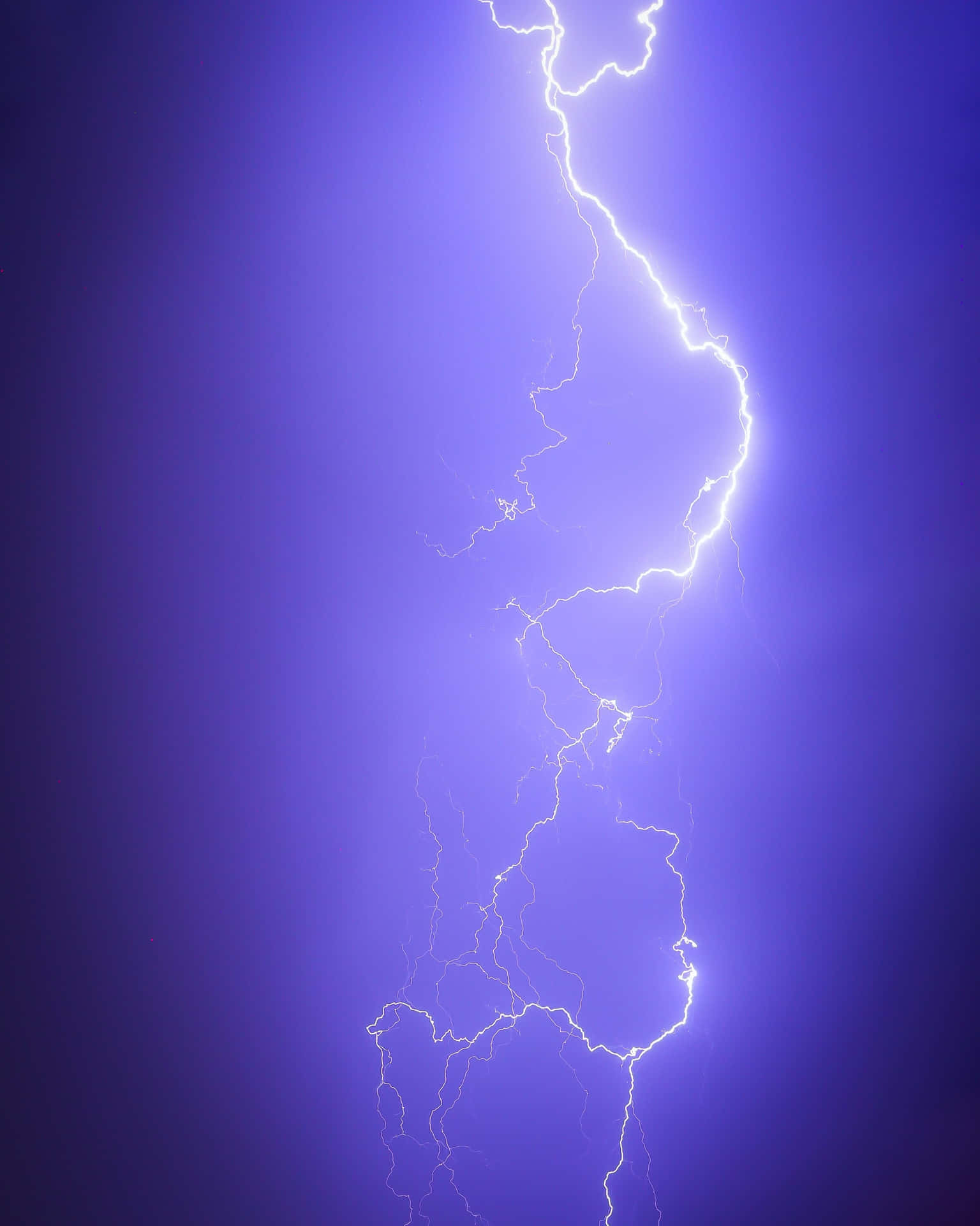 一道明亮的閃電在深紫色暴風雨天空中分叉。