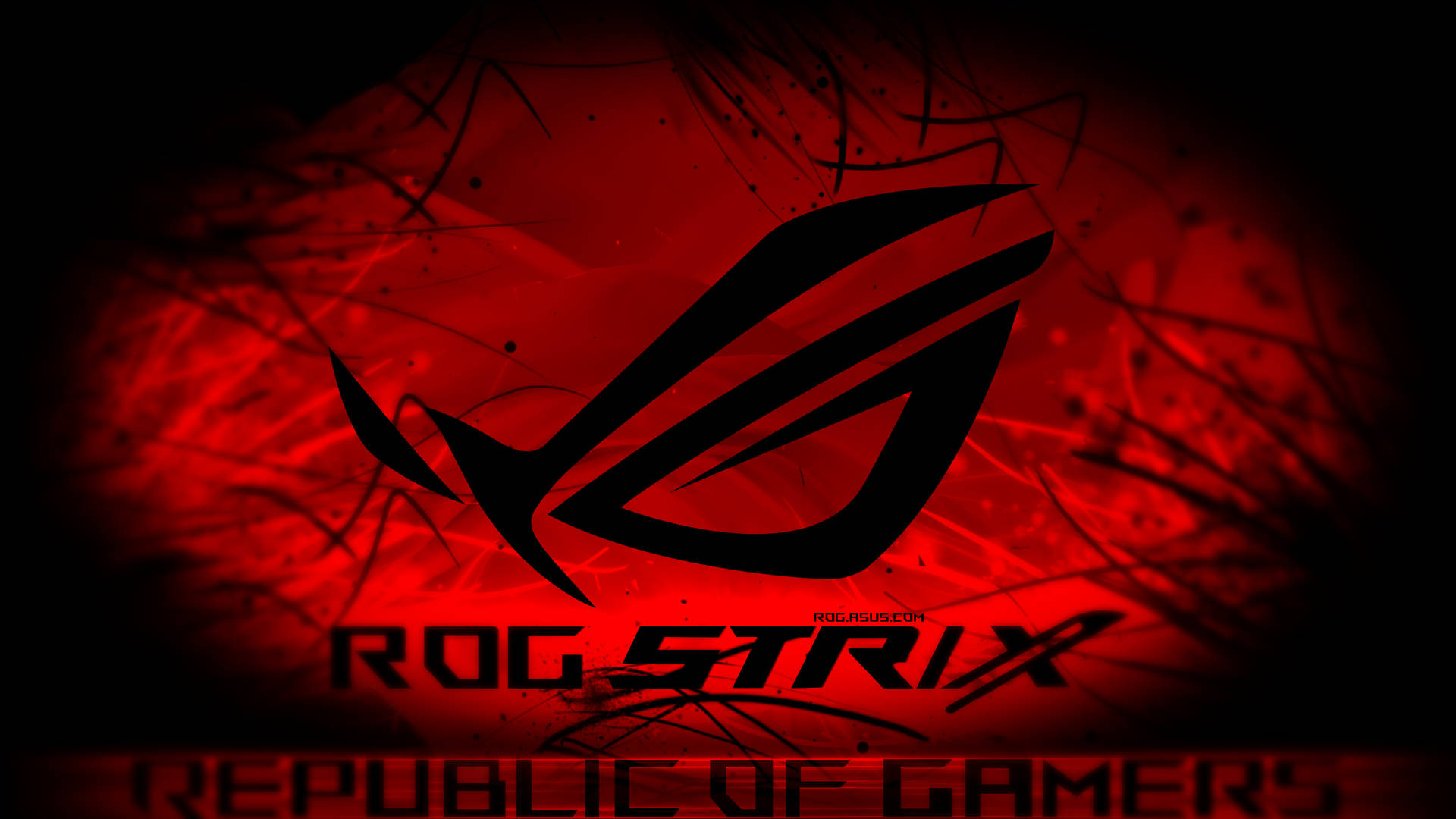 黑色 ROG Strix 標誌在帶有深色潑濺效果的紅色抽象背景上。