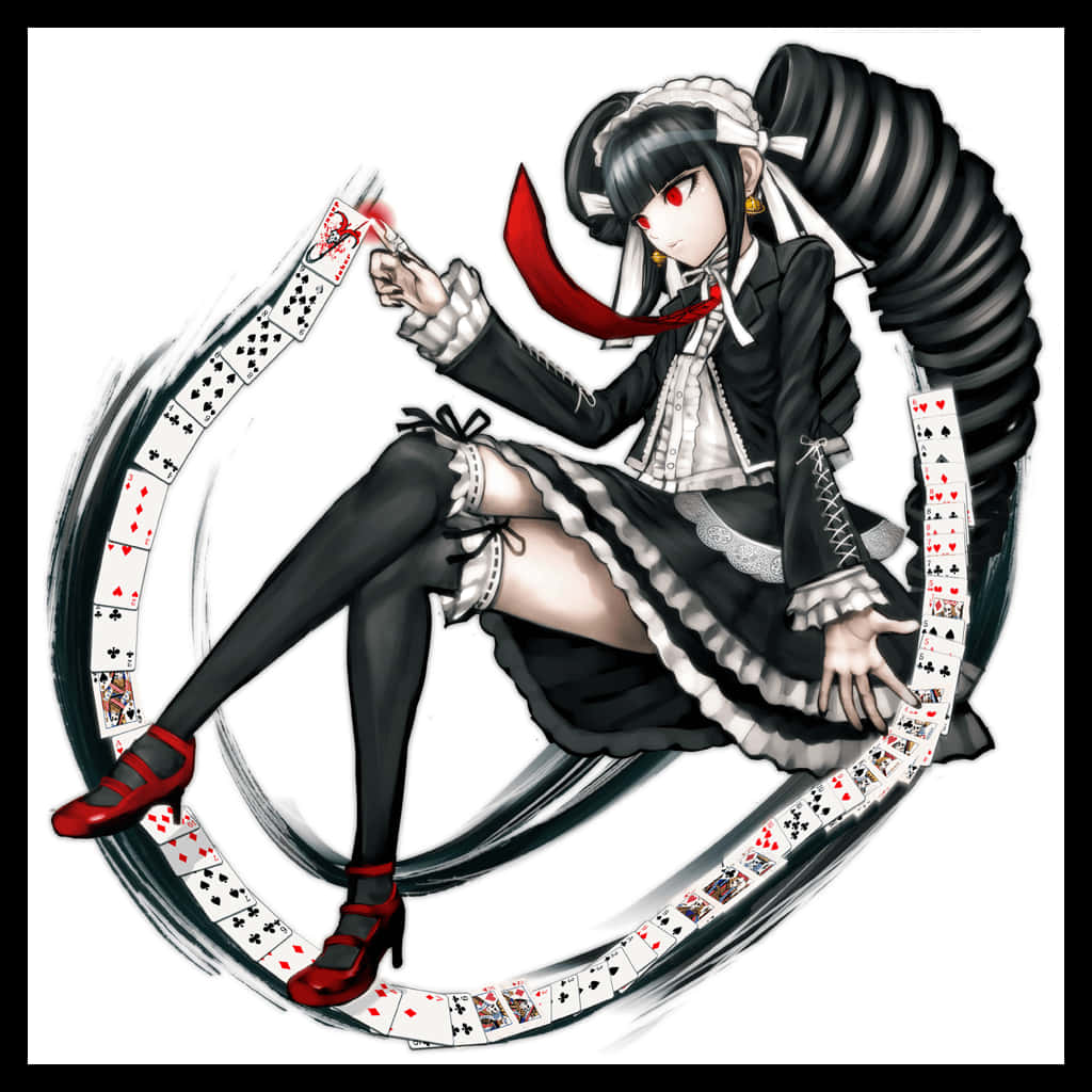 《彈丸論破》Celestia Ludenberg 手牌散落PFP 壁紙 — 一個風格化的動漫女孩，穿著黑白女僕裝，紅眼睛，長長的黑髮帶，坐在一圈旋轉的撲克牌中。
