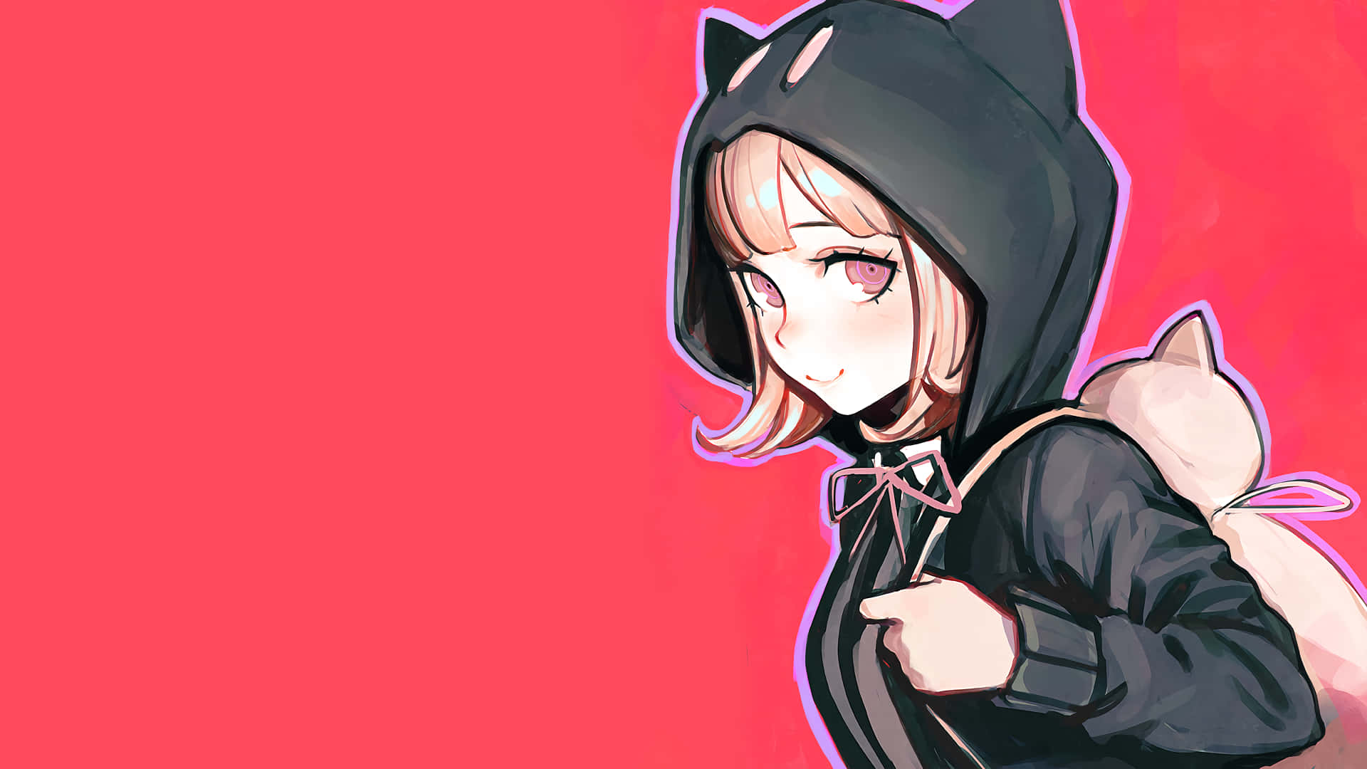 《彈丸論破》Chiaki Nanami 黑色貓咪連帽衫PFP 壁紙 — 一個穿著黑色貓耳連帽衫的可愛動漫女孩，在充滿活力的粉紅色背景前微笑著抱著一個毛絨貓咪。