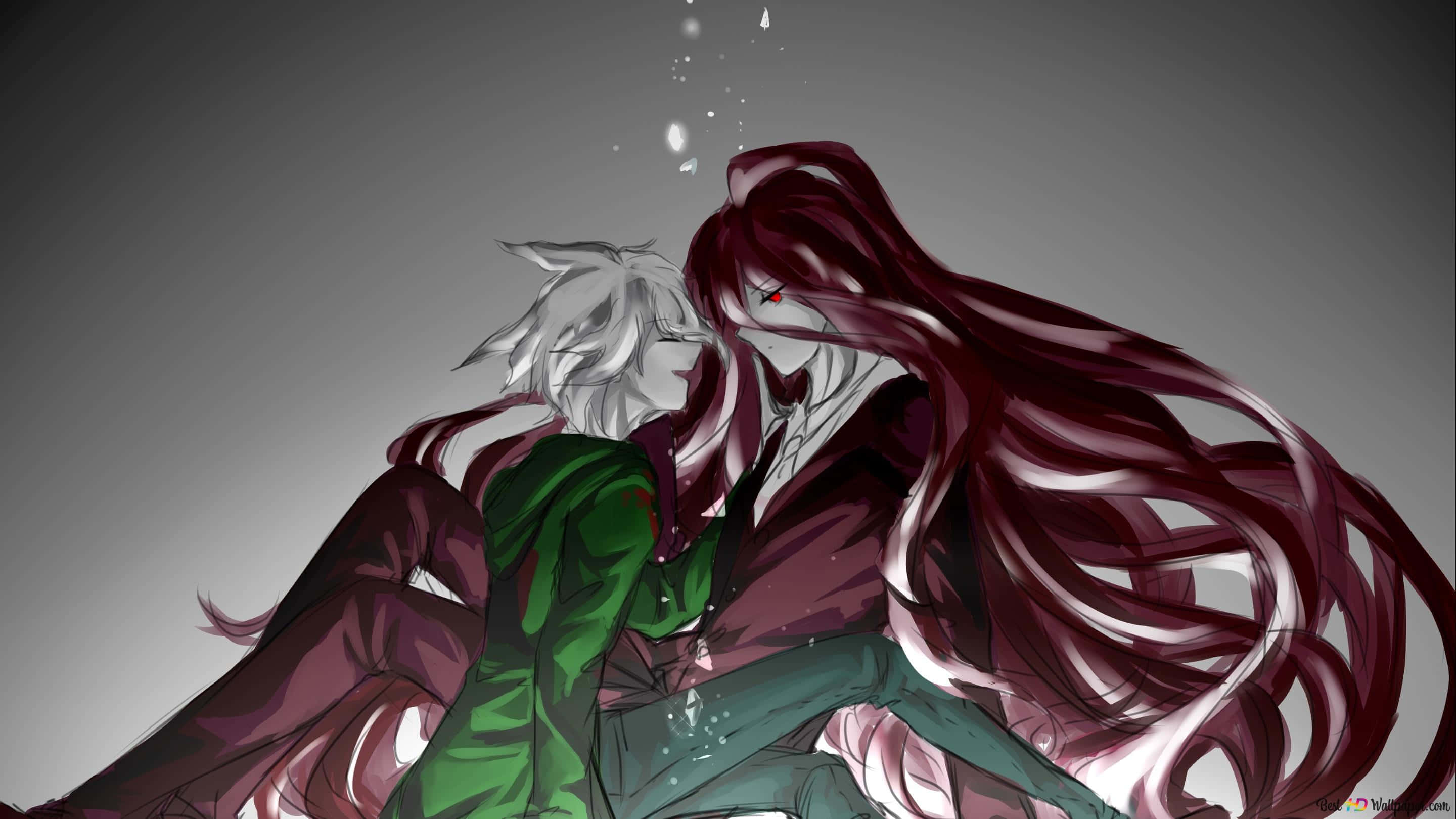 《彈丸論破》Nagito與Izuru對坐PFP 壁紙 — 兩個動漫角色在漸變灰色背景上親密擁抱，帶有漂浮粒子。