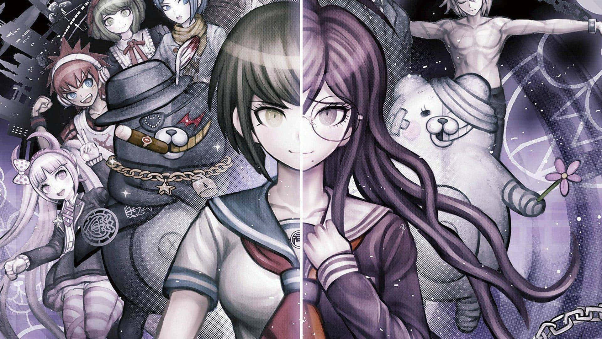 《彈丸論破》Ultra Despair Girls 分屏PFP 壁紙 — 一幅分格動畫插圖，以風格化的紫色和灰色場景呈現多個角色，中央有一位女性角色。