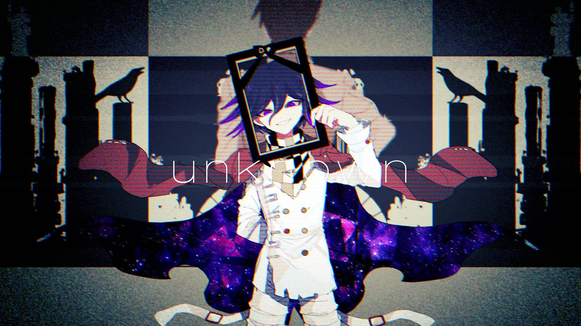 紫髮動漫角色手持鏡子，鏡中顯示星系，廢墟上有烏鴉。