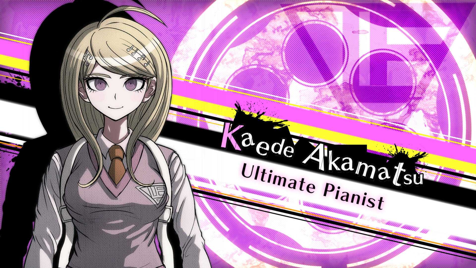 動漫角色 Kaede Akamatsu Ultimate Pianist 穿著校服，搭配紫色背景。