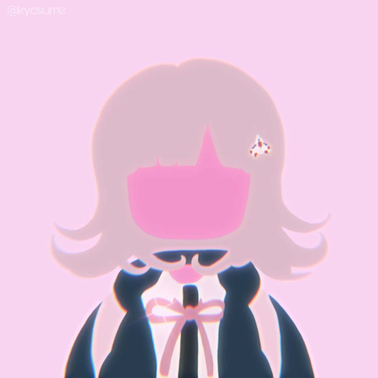 《彈丸論破》千反田愛瑠預設頭像風格 壁紙 — 一個風格化的動漫女孩，粉紅色頭髮和蝴蝶結，站在柔和的粉紅色背景前，帶有發光的光環。