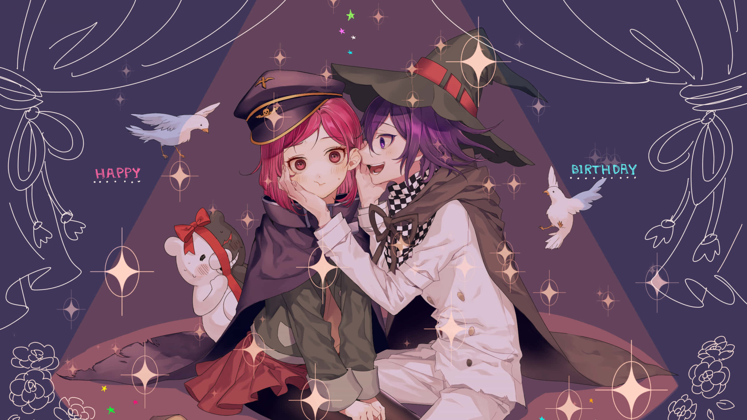 《彈丸論破》生日慶祝PFP 壁紙 — 兩個動漫角色在繁星點點的紫色天空下，與白鴿和閃光一起慶祝生日。