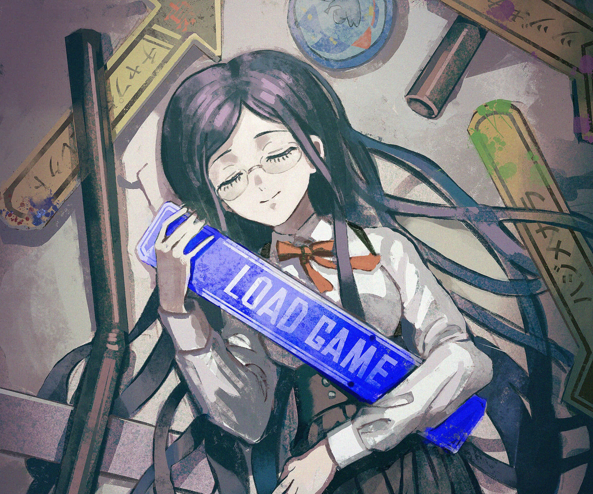 《彈丸論破》角色白銀紗羽頭像 壁紙 — 一位戴眼鏡的寧靜動漫女孩，在散落的控制器零件中舉著藍色的「LOAD GAME」標誌。