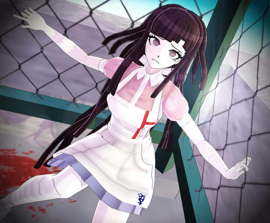 《彈丸論破》角色美琴·緑川頭像 壁紙 — 一個蒼白的動漫女孩穿著帶有紅色十字和血跡的白色護士服，在陰暗的環境中向鐵絲網圍欄伸出手。