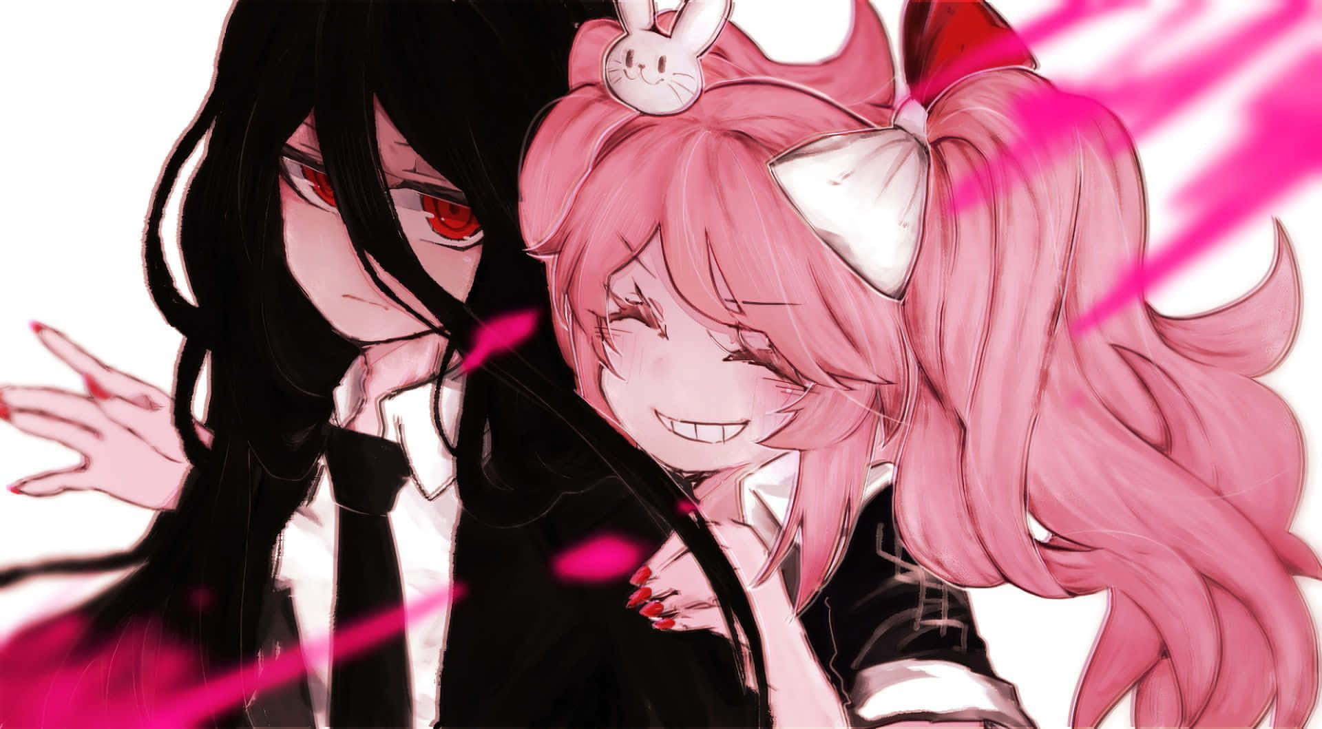 兩個動漫女孩，一個黑髮紅眼，另一個粉紅頭髮戴兔耳，微笑著，粉紅色的能量條在她們周圍流動。
