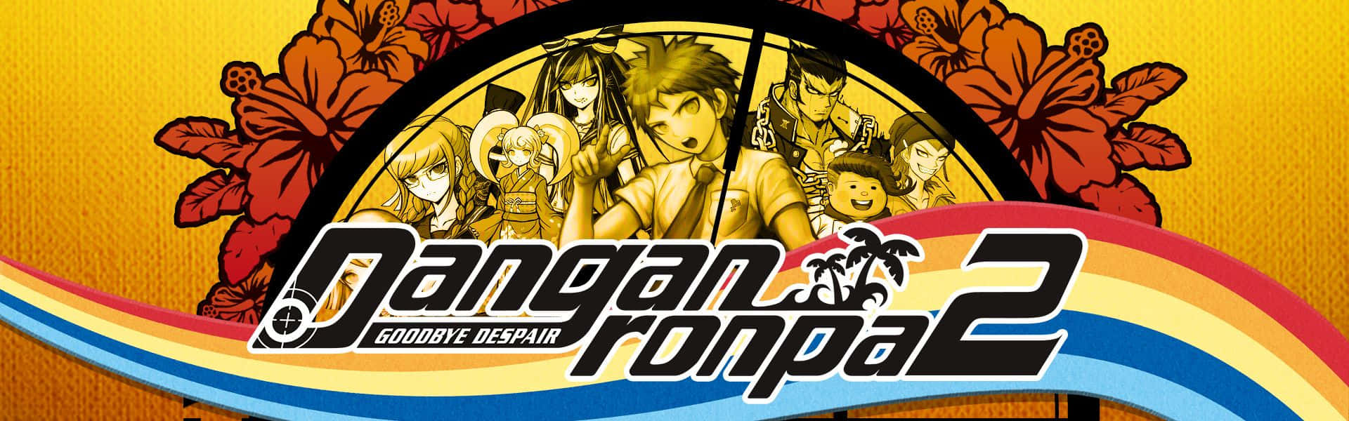 Danganronpa 2 遊戲標誌，帶有動漫角色和熱帶花卉。