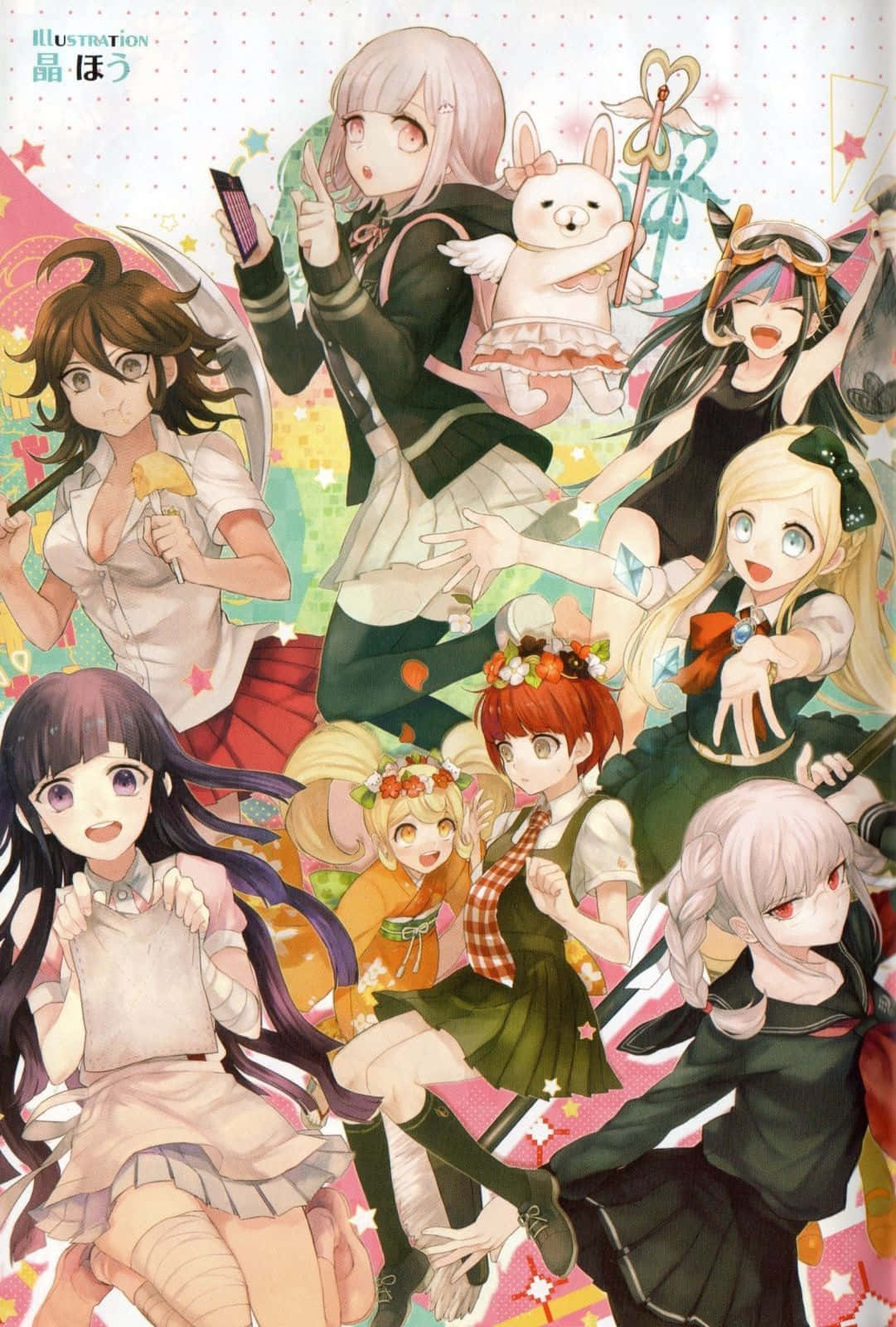 一群穿著色彩繽紛服裝的動漫女孩，帶著星星和愛心愉快地擺姿勢。