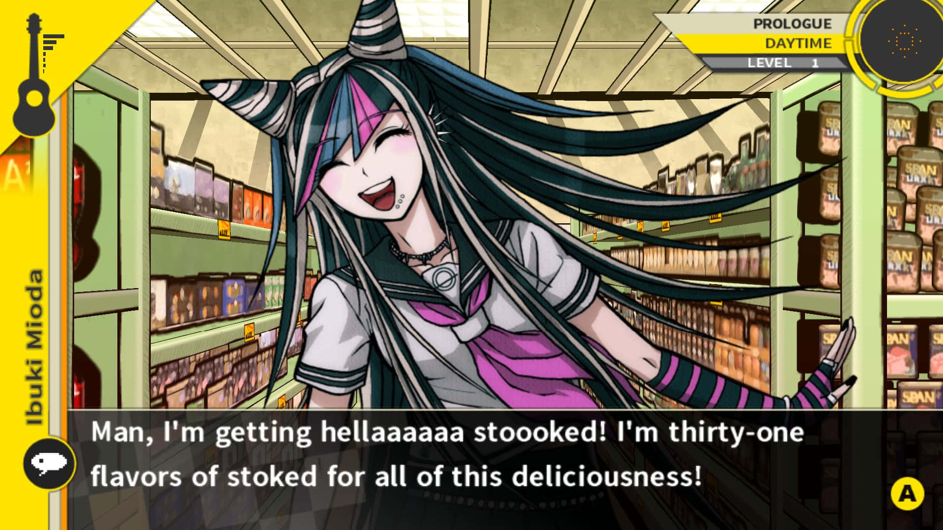 動漫角色 Ibuki Mioda 在充滿零食的雜貨店通道中興奮地笑著。