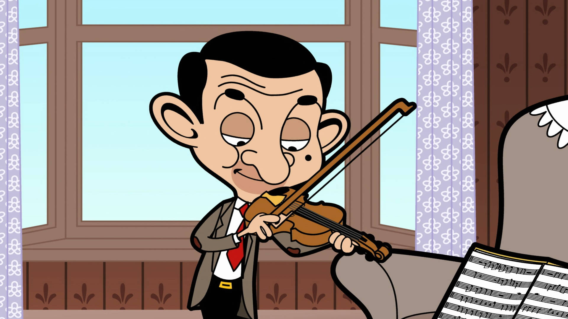 彈奏小提琴的憨豆先生 壁紙 — Mr Bean 在有圖案窗簾和窗光的房間裡帶著睡意拉小提琴。