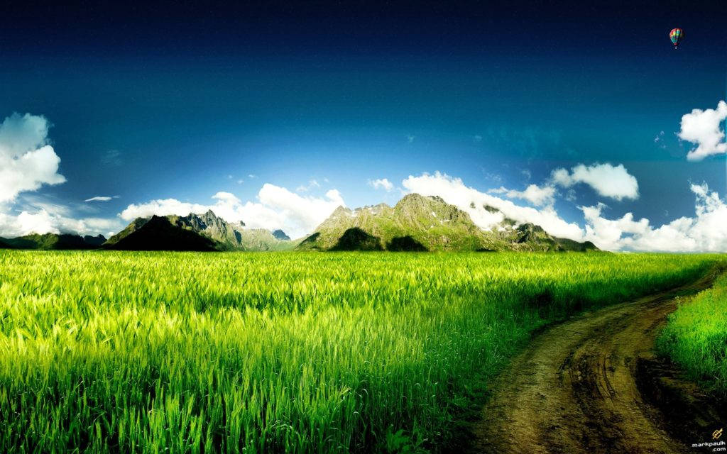 彎曲土路自然風景 壁紙 — 一條蜿蜒的泥土小徑穿過一片充滿活力的綠色麥田，通往遠處崎嶇的山脈，深藍色的天空下飄著蓬鬆的白雲，還有一個熱氣球高高飄浮。