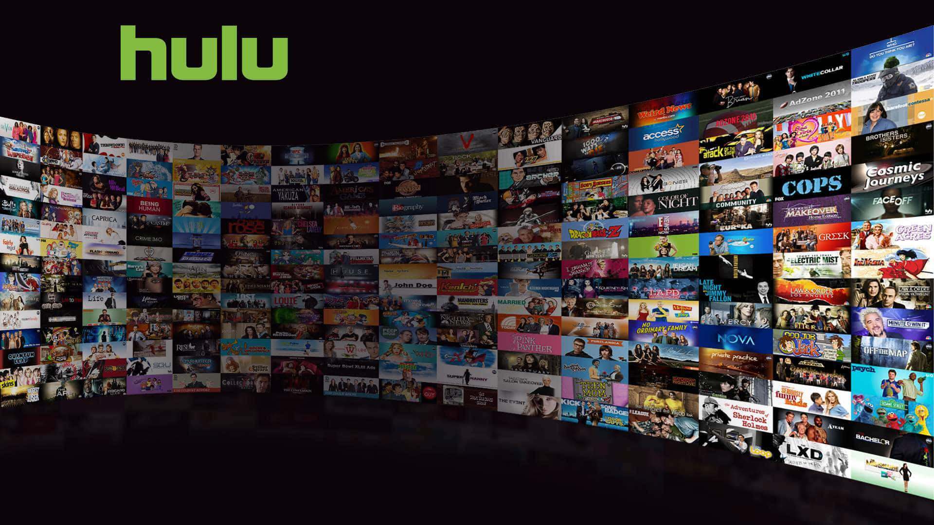 Video-on-demand 桌布 壁紙 — 彎曲的牆壁在發光的綠色 Hulu 標誌下展示了 Hulu 節目縮圖的鮮豔拼貼畫。