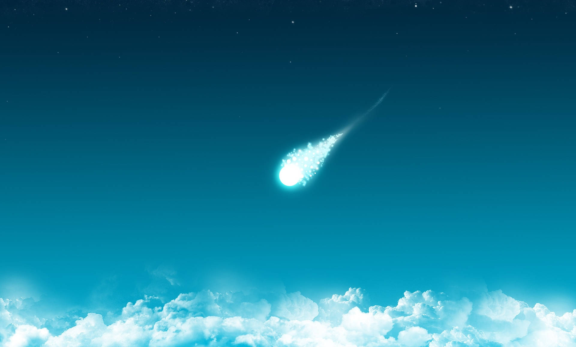 一顆發光的彗星劃過蓬鬆雲朵之上的青綠色夜空。