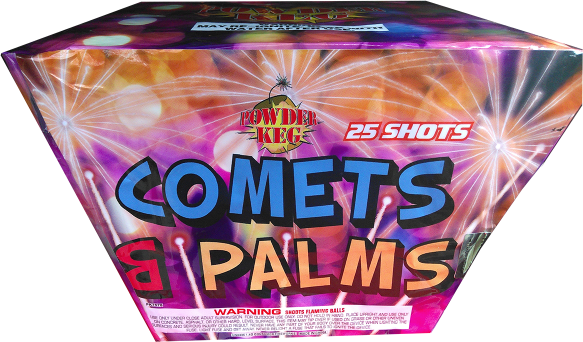 彗星與棕櫚煙花包裝 壁紙 — 一個色彩鮮豔的 'Comets & Palms' 煙花盒，有25發，帶有爆炸性圖案和粗體文字，背景為黑色。