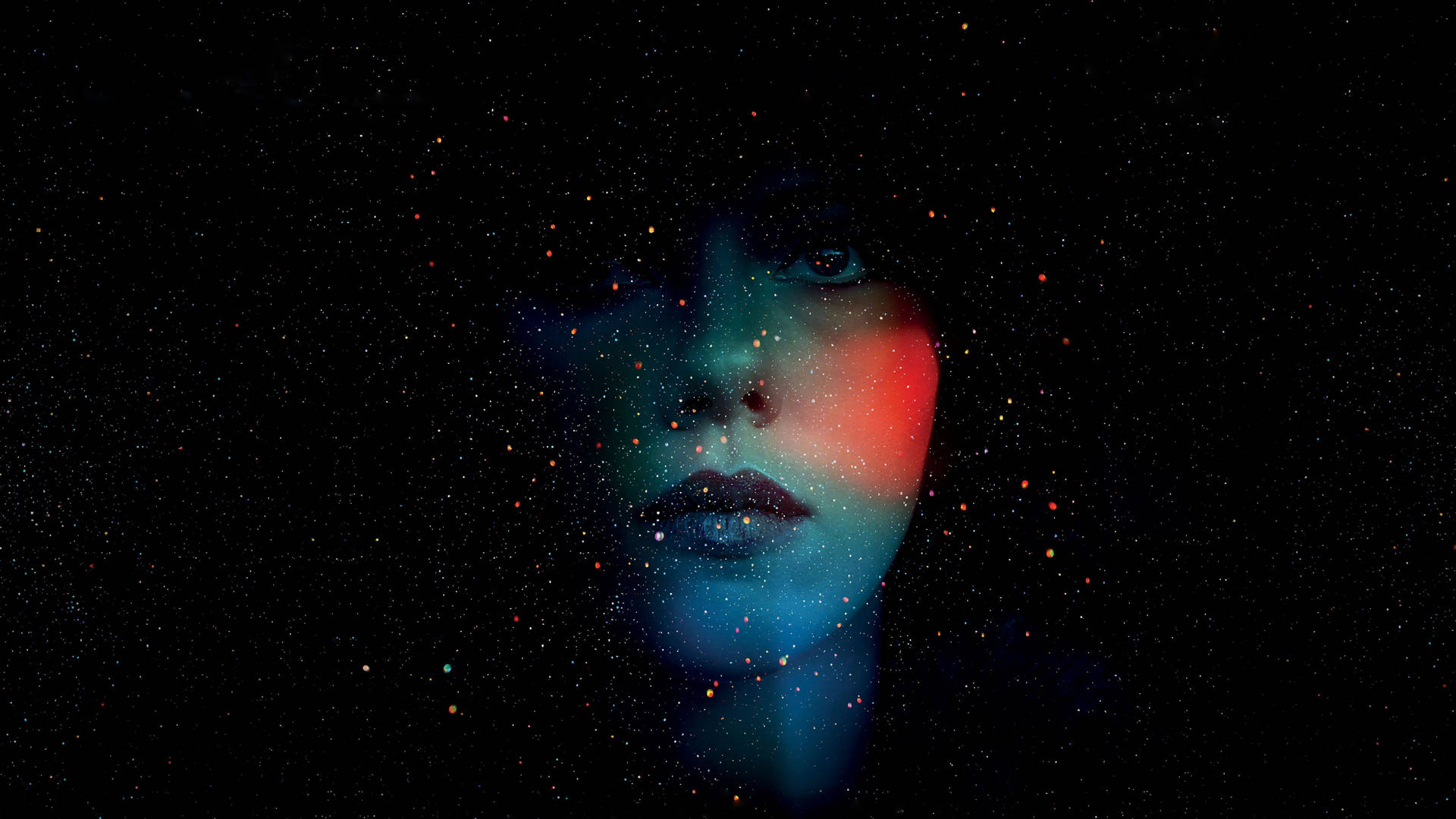 一個女人的臉在黑色宇宙背景下閃爍著藍色和紅色的星光。