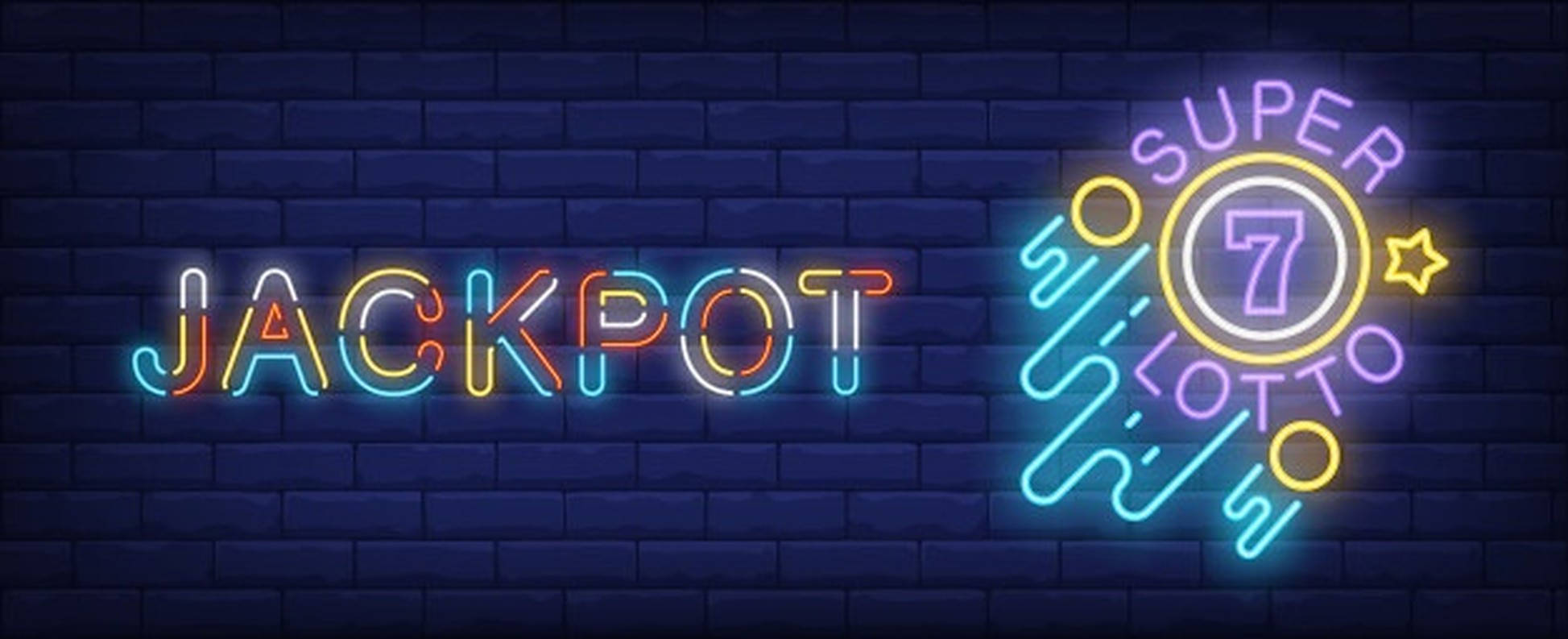 彩票頭獎霓虹招牌 壁紙 — 寫著 jackpot 和 super 7 lotto 的鮮豔霓虹招牌在深色磚牆上發光。