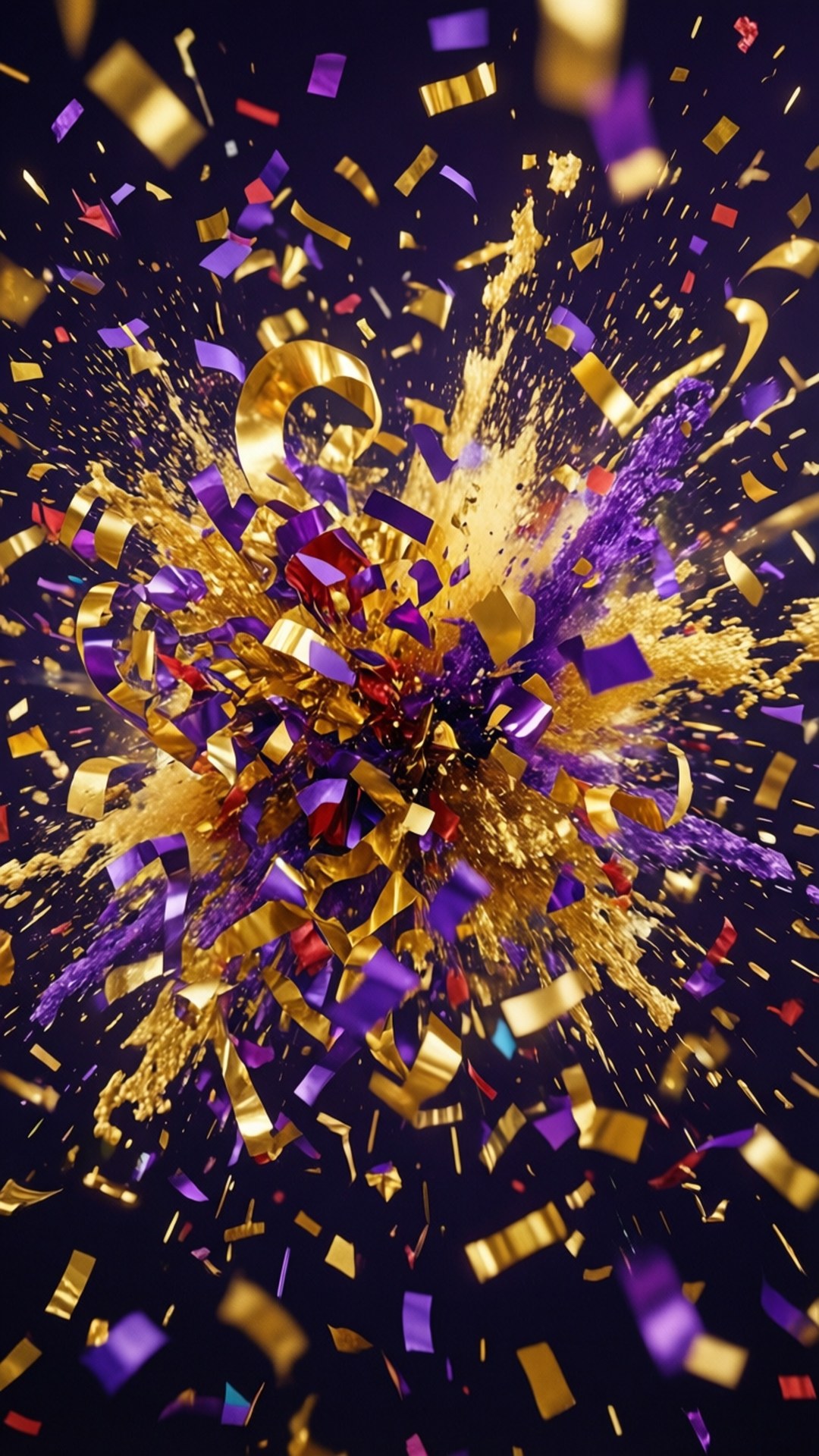 金色和紫色五彩紙屑在深色背景上爆炸。
