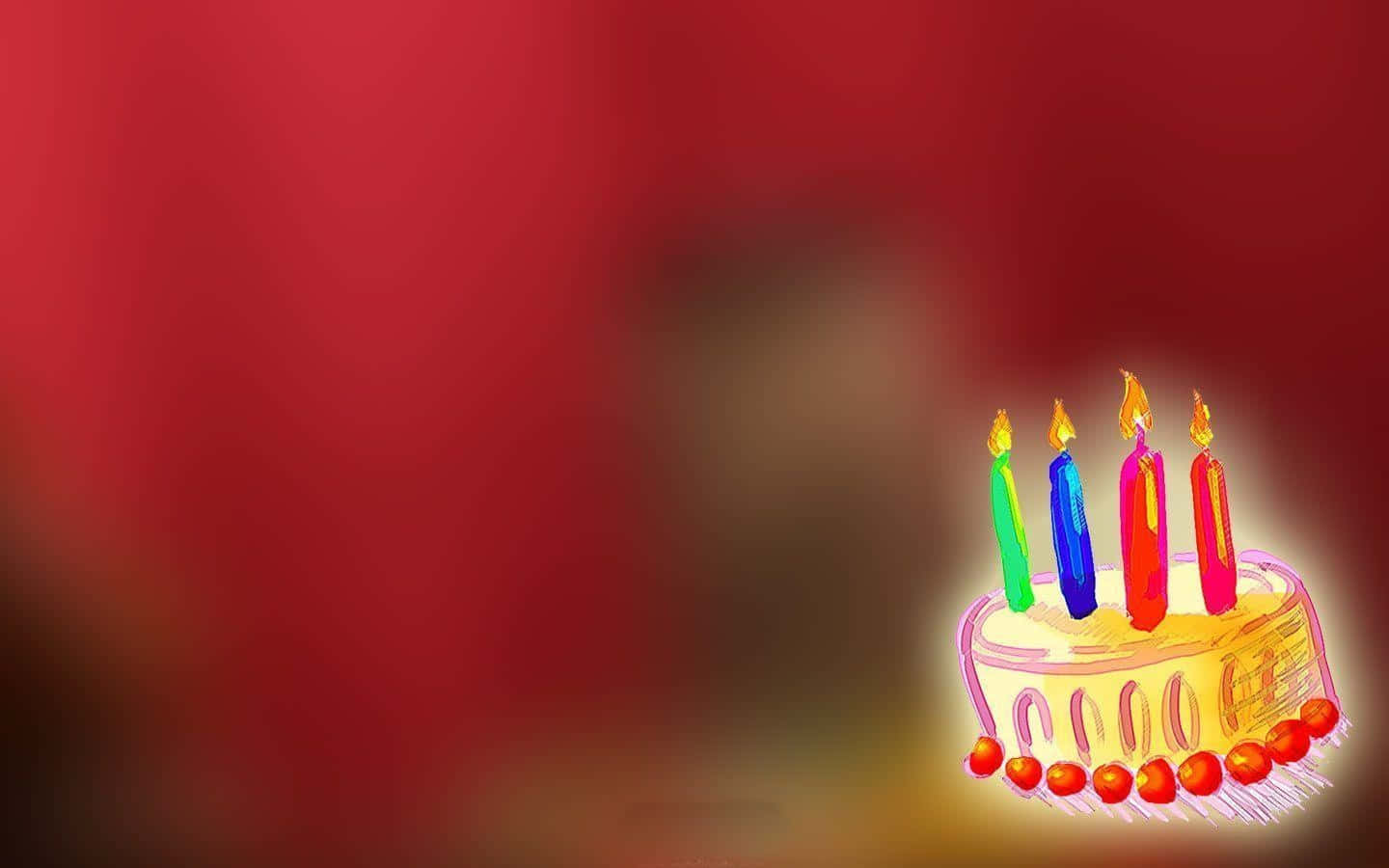 一個生日蛋糕，點燃的蠟燭在紅色背景下溫暖地發光。