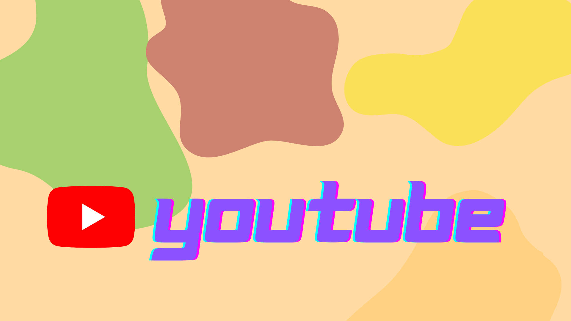 彩色_blob與YouTube標誌 壁紙 — 柔和粉彩色的鮮豔抽象形狀，以醒目的紫色和紅色文字框起標誌性的 YouTube 標誌。