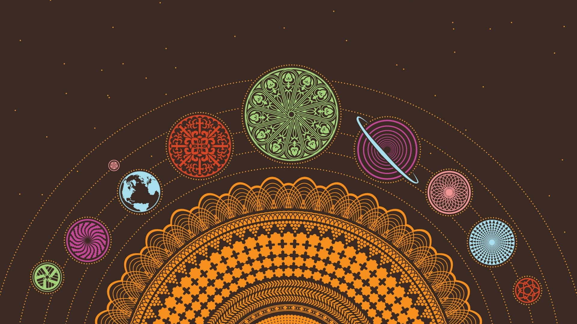 在星光點點的棕色背景上，帶有複雜曼陀羅設計的軌道行星。