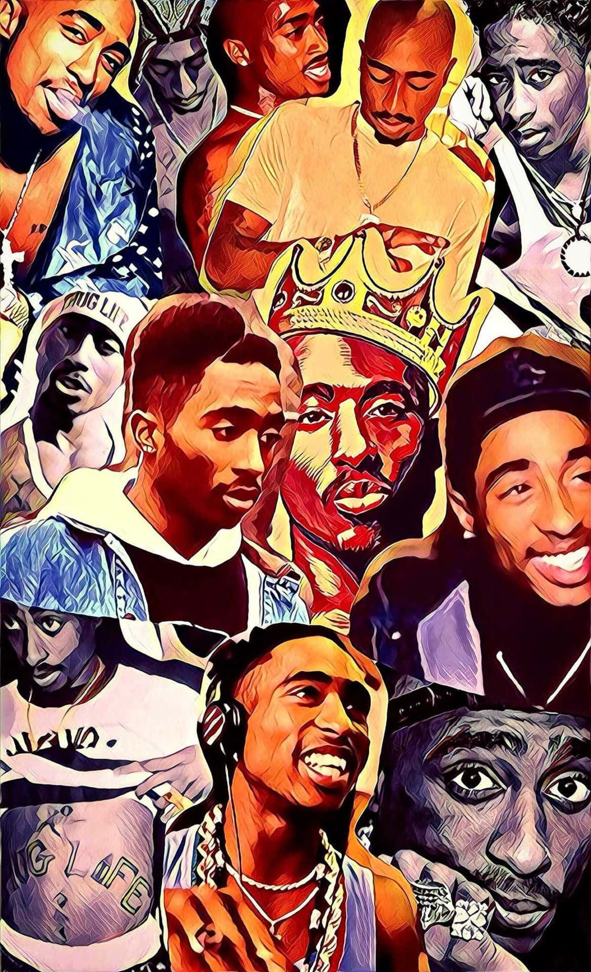 Tupac Shakur的藝術拼貼畫，展示各種姿勢和表情。