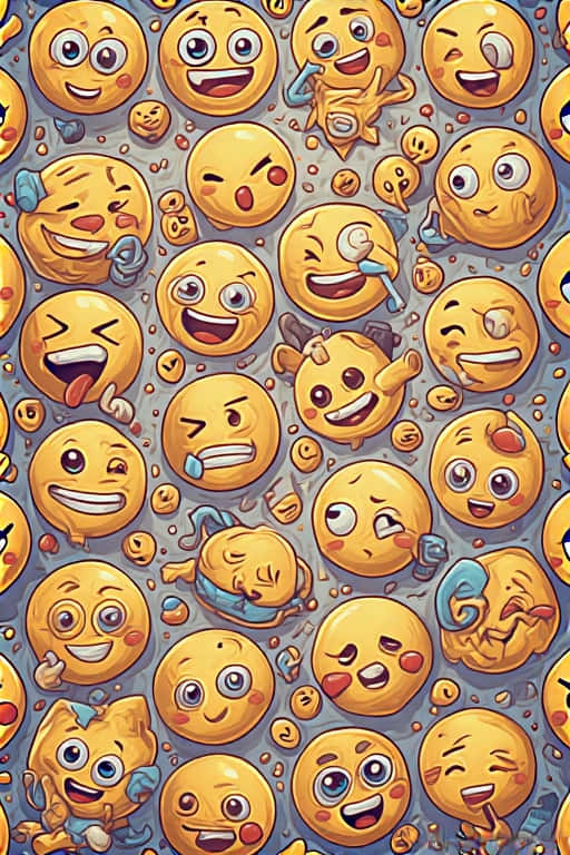 彩色Emoji圖案 壁紙 — 一個充滿活力的圖案，由卡通風格的黃色表情符號組成，帶有各種俏皮的表情，漂浮在紋理灰色背景上。