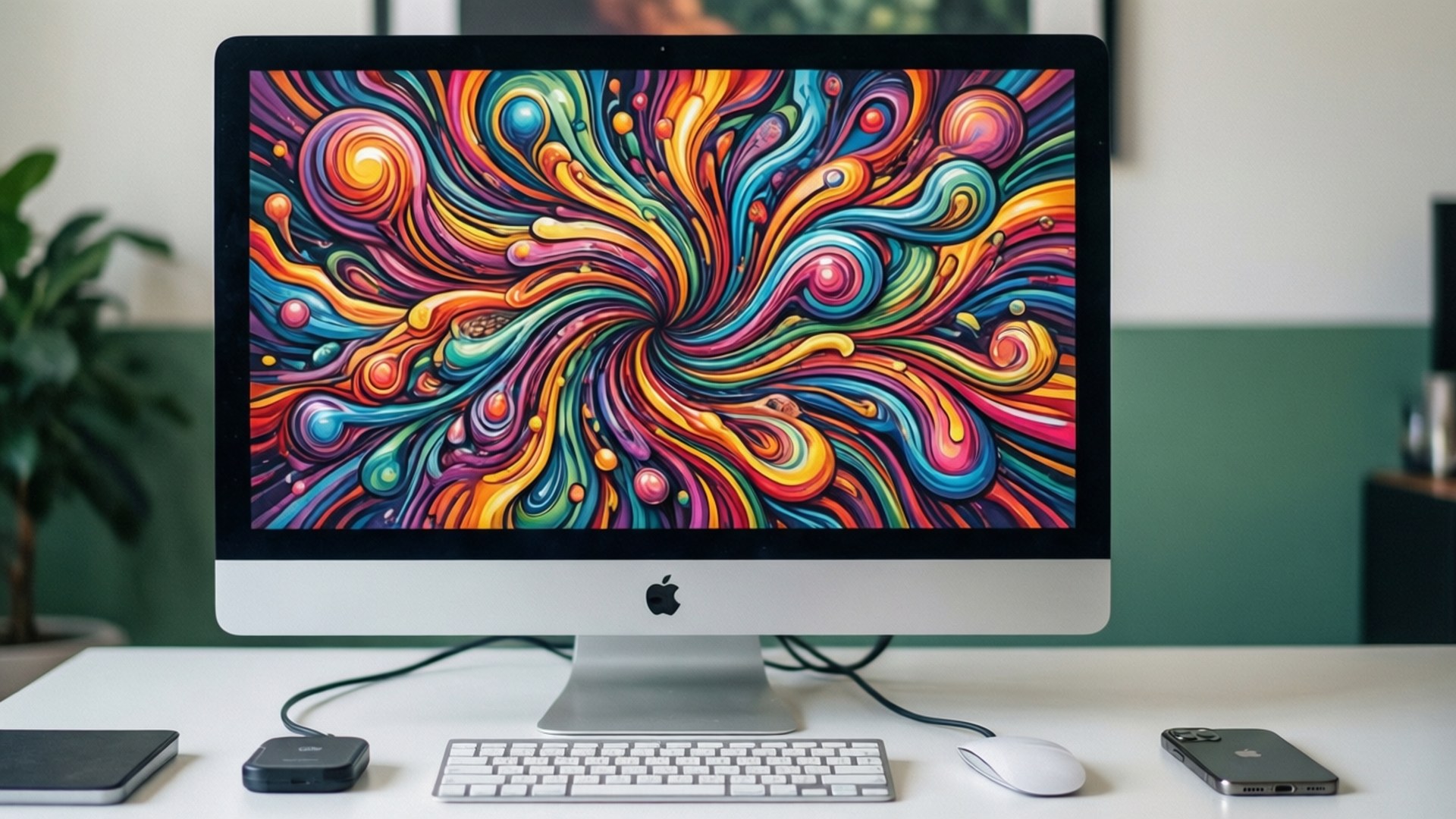 iMac 在乾淨的辦公桌上展示色彩繽紛的抽象漩渦及配件。