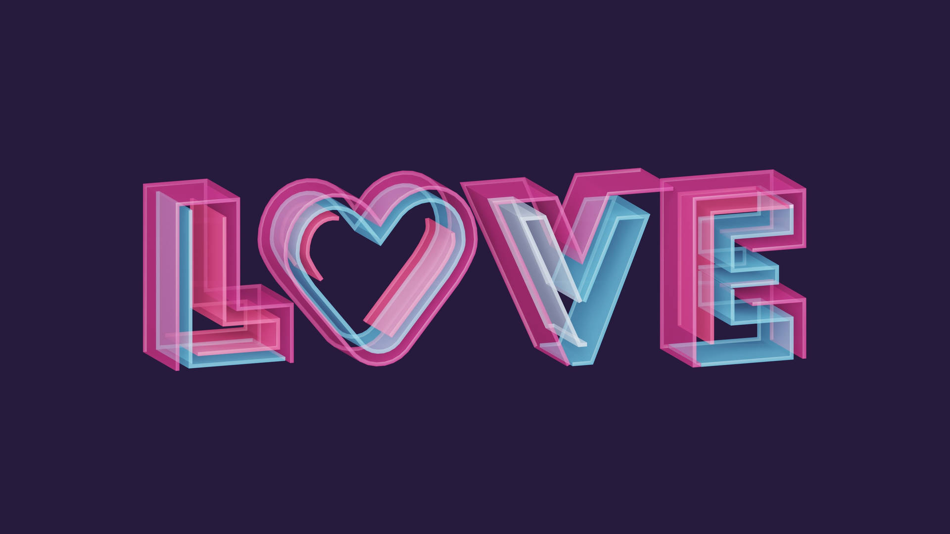 在深紫色背景上，以心形取代O的發光3D字母「LOVE」。