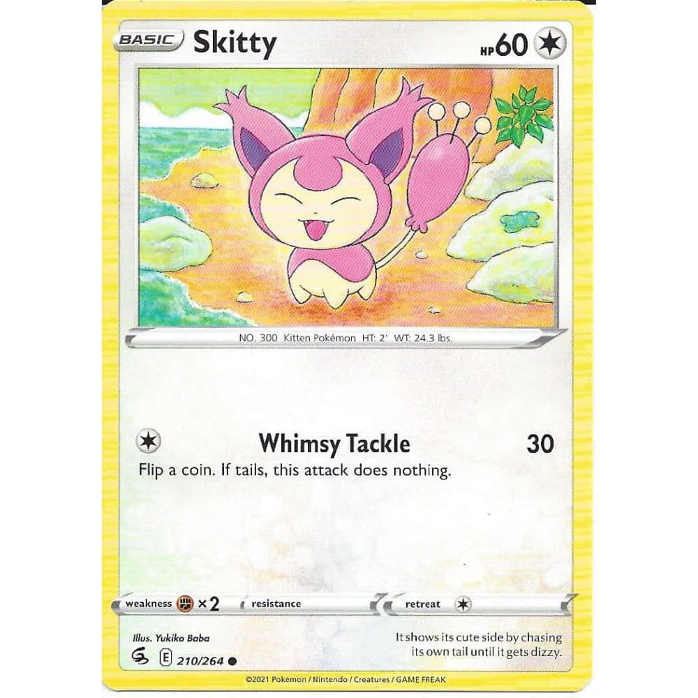 彩色Skitty卡牌 壁紙 — 一隻粉紅色、耳朵蓬鬆、尾巴長長的開心神奇寶貝斯奇蒂，在陽光明媚的海灘上，伴隨著綠色岩石和海浪，快樂地玩耍。