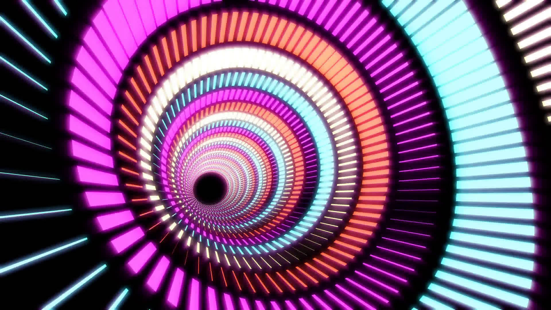 彩色催眠圖案隧道 壁紙 — 一條由粉紅色、橙色和青色發光霓虹條紋組成的迷人螺旋隧道，逐漸消失在黑暗中。