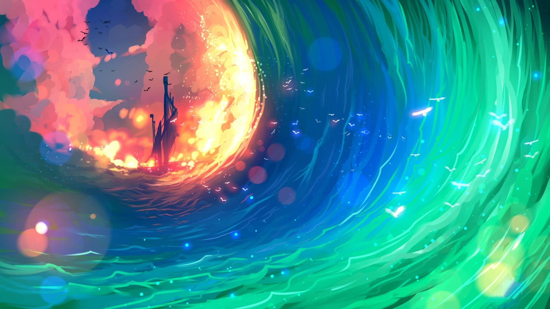 彩色動漫地平線天空 壁紙 — 一艘船在暮色天空下，穿越一道充滿活力的宇宙波浪，波浪中心是火熱的橙色，邊緣是電光藍綠色。