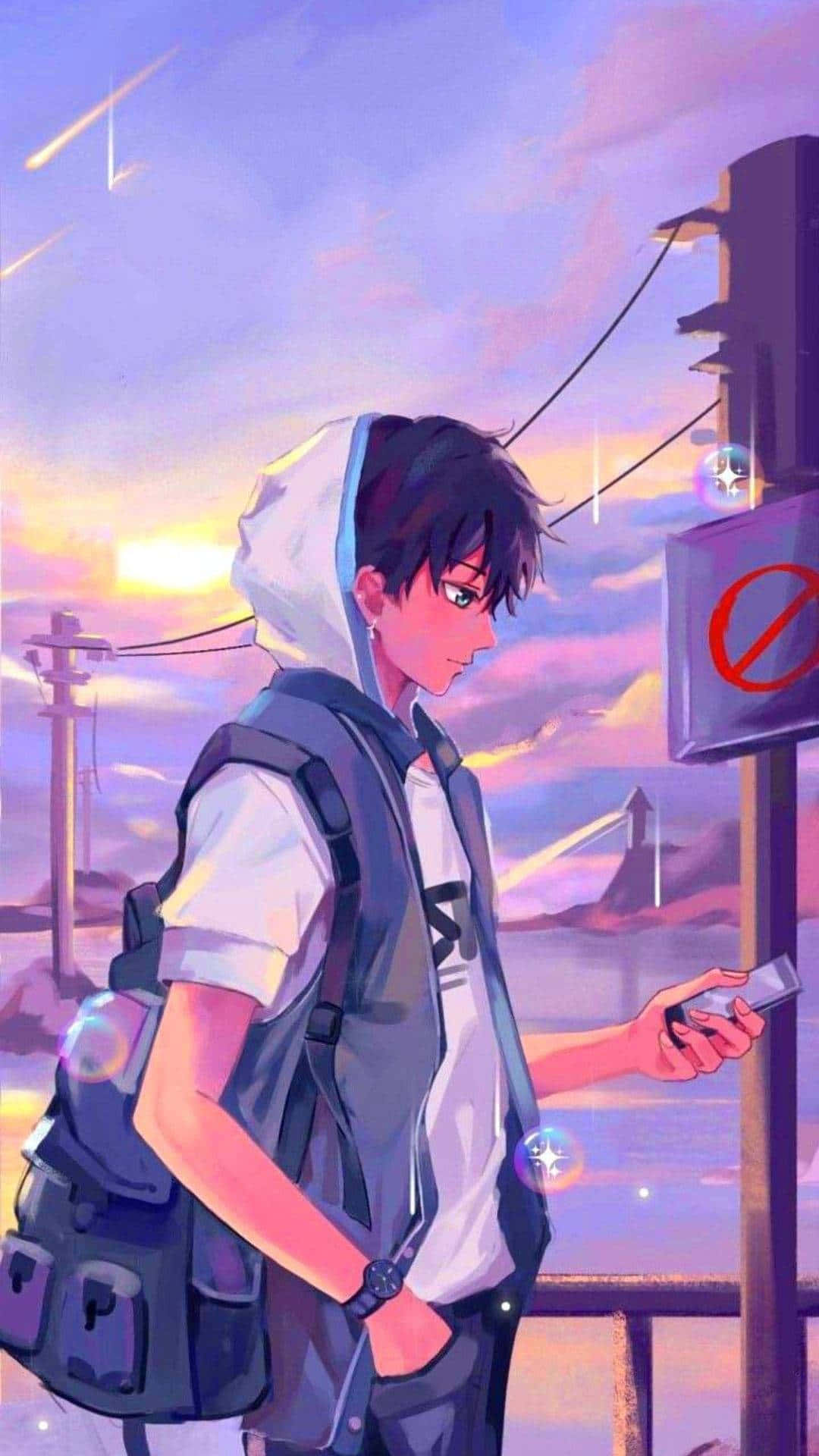 彩色動漫男孩頭像，穿連帽衫看手機 壁紙 — 一個穿著連帽衫和背包的年輕動漫男孩站在街角，手持電話，色彩繽紛的日落餘暉劃過天空。