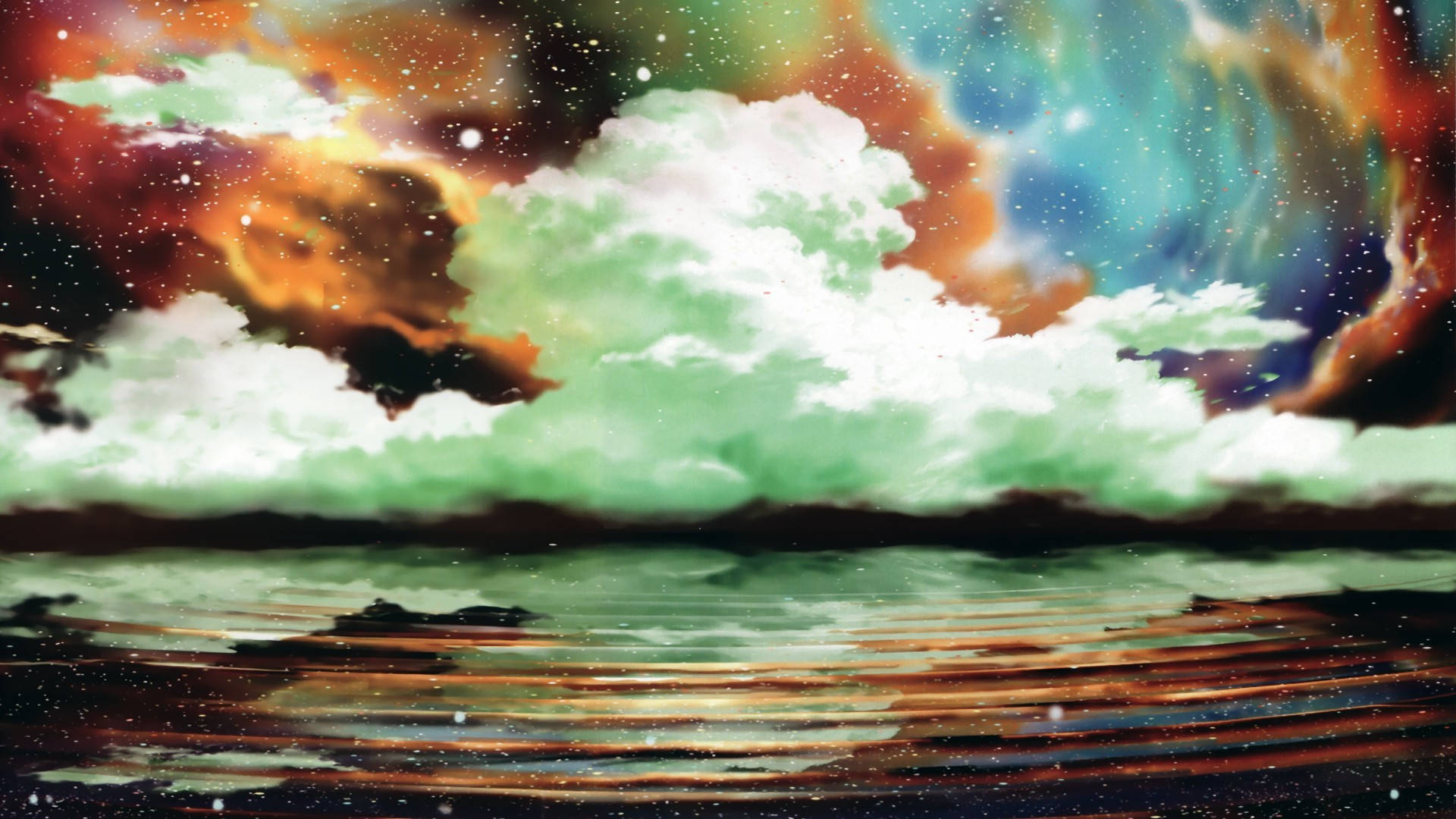 星空下漣漪水中反射的宇宙星雲雲彩。