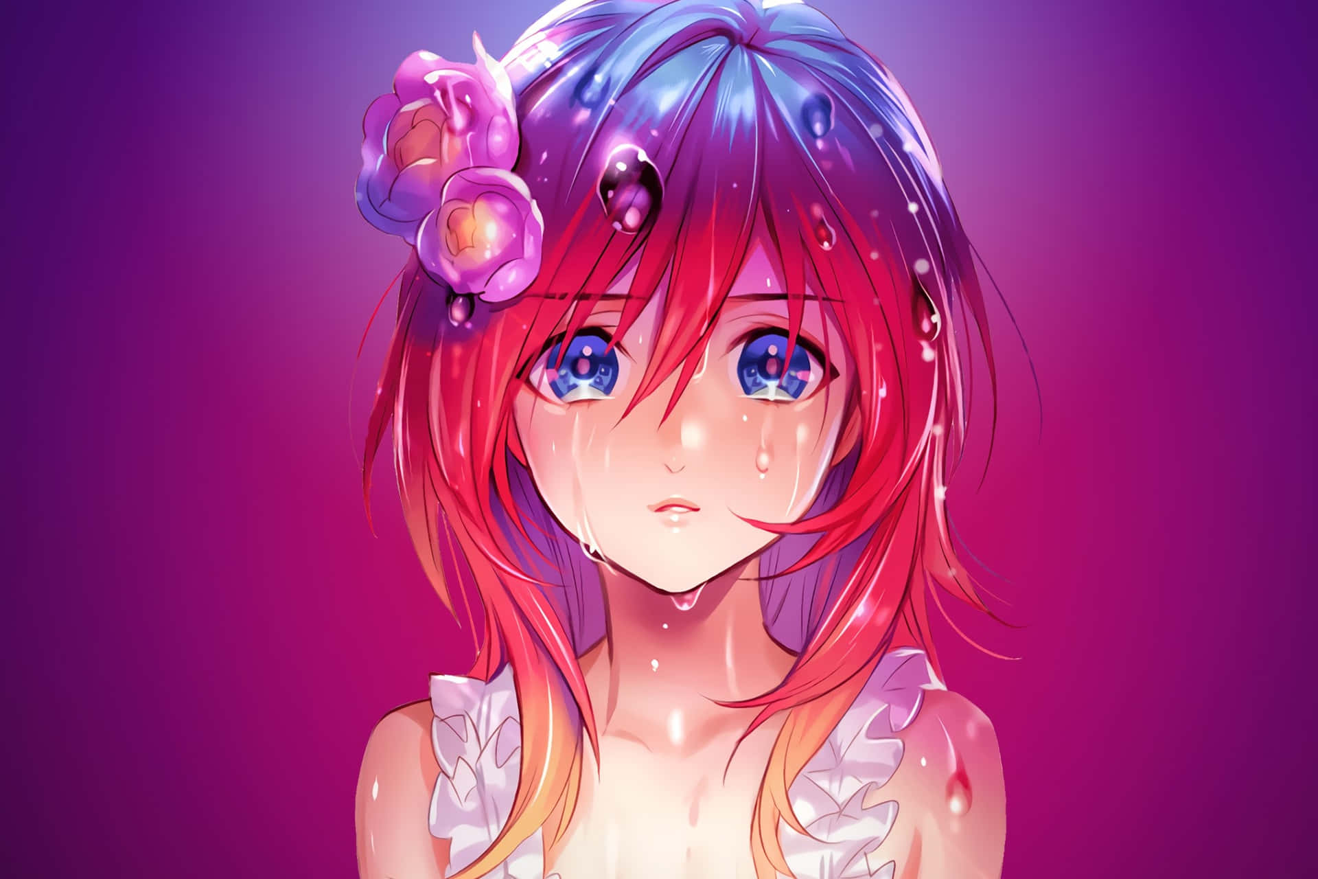 彩色動畫少女眼含淚光 壁紙 — 一個充滿活力的動漫女孩，紅髮藍眼，在紫色漸變背景前流下發光的眼淚。