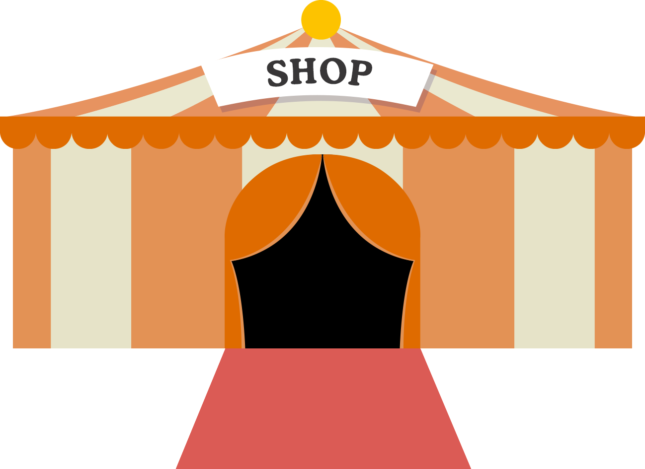 彩色卡通店鋪 壁紙 — 一個風格化的店舖門面，帶有橙色和奶油色條紋遮陽篷，以及黑色拱形門口，在黃色太陽下。