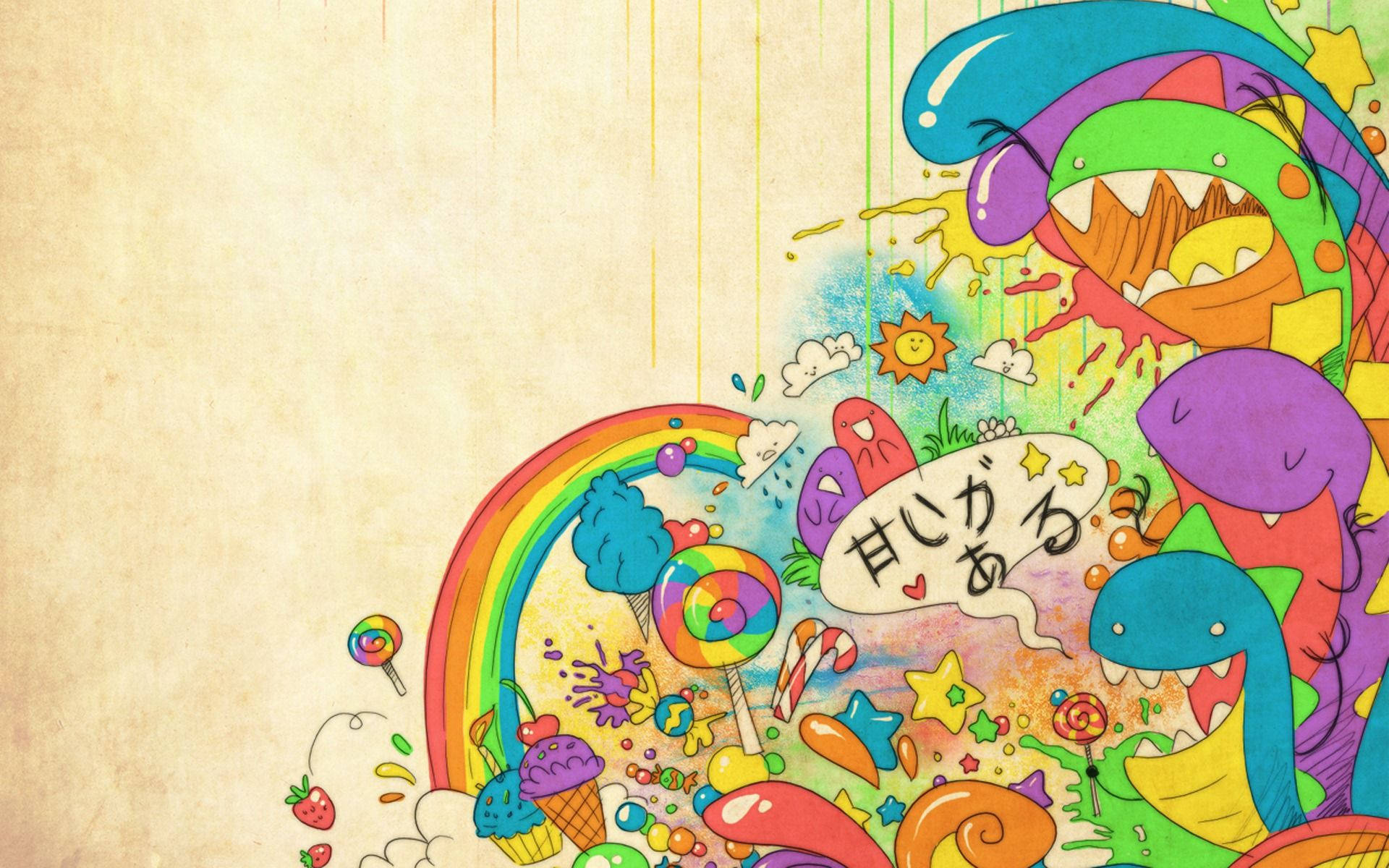 色彩繽紛的卡通怪獸和糖果從彩虹中迸出，落在帶紋理的紙上。