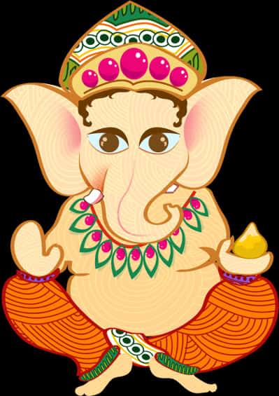 彩色卡通象頭神 壁紙 — 一個快樂的卡通大象神Ganesha，有大耳朵和皇冠，拿著一個甜美的modak。